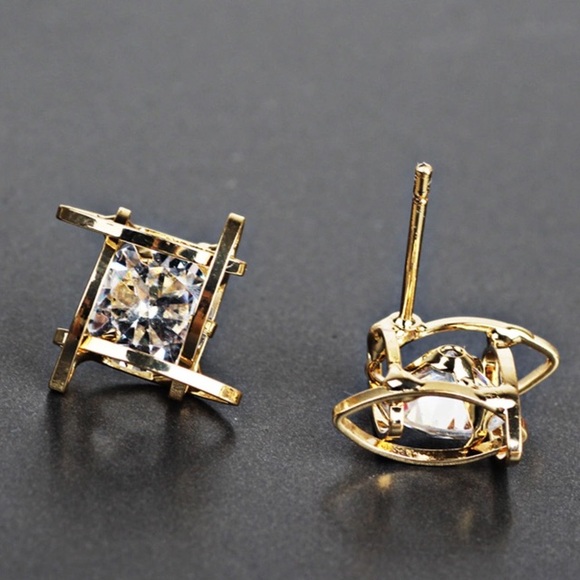 Gold Tone 3D Caged Diamond Stud Earrings - Picture 6 of 6